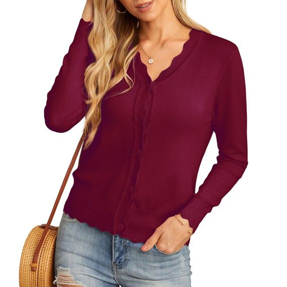 GRECERELLE Strickjacke Damen mit Knöpfen und V Ausschnitt Leichte und sommerliche Cardigan Damen Eleganter mit Spitze (Weinrot, M)