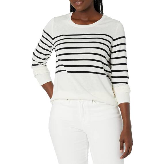 Amazon Essentials Damen Leichter, Langärmeliger Pullover Mit Rundhalsausschnitt (Erhältlich in Übergröße), Schwarz Weiß Platzierter Streifen, XL