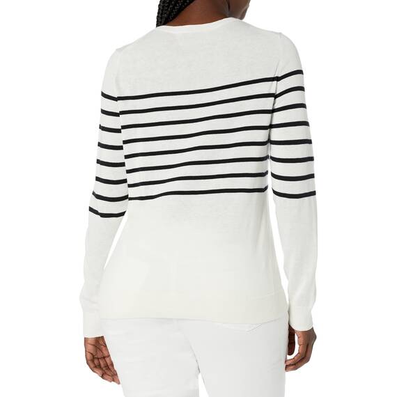 Amazon Essentials Damen Leichter, Langärmeliger Pullover Mit Rundhalsausschnitt (Erhältlich in Übergröße), Schwarz Weiß Platzierter Streifen, XL