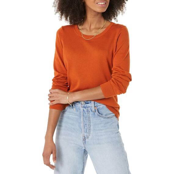 Amazon Essentials Damen Leichter, Langärmeliger Pullover Mit Rundhalsausschnitt (Erhältlich in Übergröße), Rostfarben, XL