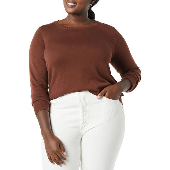 Amazon Essentials Damen Leichter, Langärmeliger Pullover Mit Rundhalsausschnitt (Erhältlich in Übergröße), Braun, XXL