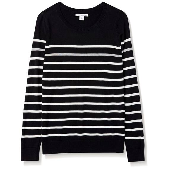 Amazon Essentials Damen Leichter, Langärmeliger Pullover Mit Rundhalsausschnitt (Erhältlich in Übergröße), Schwarz Grau Weiß Streifen, XXL