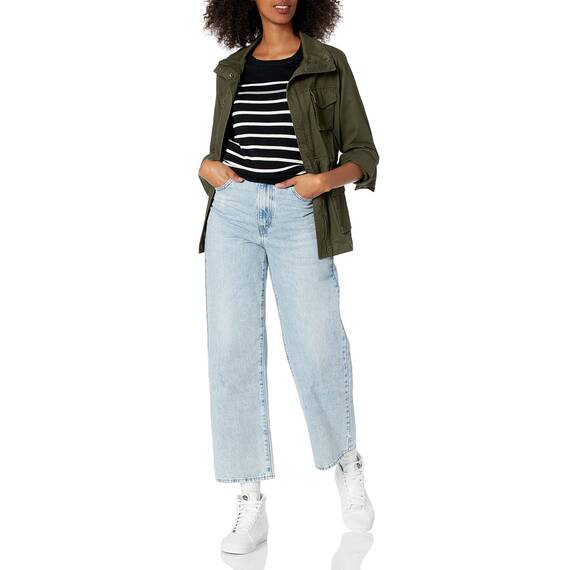Amazon Essentials Damen Leichter, Langärmeliger Pullover Mit Rundhalsausschnitt (Erhältlich in Übergröße), Schwarz Grau Weiß Streifen, XL