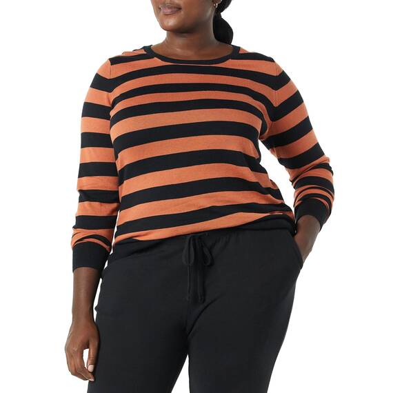 Amazon Essentials Damen Leichter, Langärmeliger Pullover Mit Rundhalsausschnitt (Erhältlich in Übergröße), Schwarz Karamell Rugby-Streifen, XXL