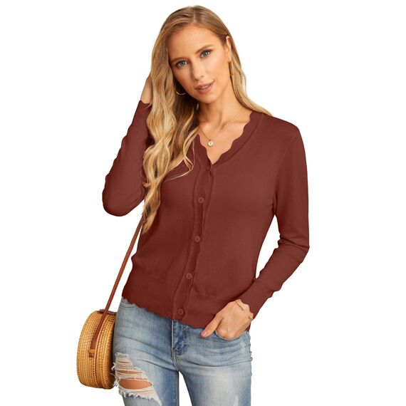 GRECERELLE Strickjacke Damen mit Knöpfen und V Ausschnitt Leichte und Sommerliche Cardigan Damen Eleganter mit Spitze (Rostrot, S)