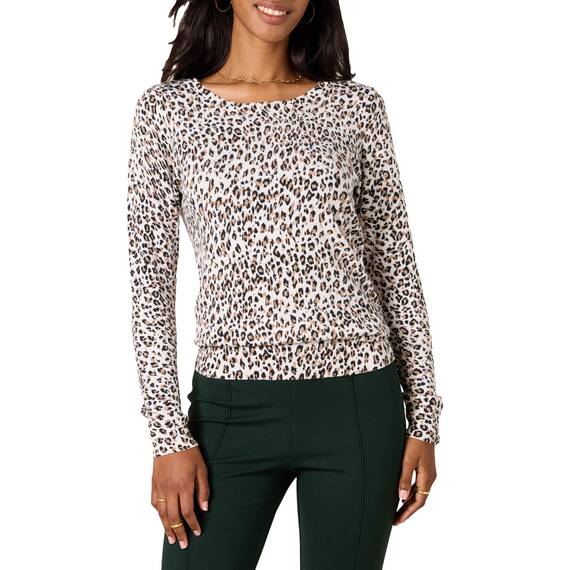 Amazon Essentials Damen Leichter, Langärmeliger Pullover Mit Rundhalsausschnitt (Erhältlich in Übergröße), Weiß Gepardenaufdruck, XXL
