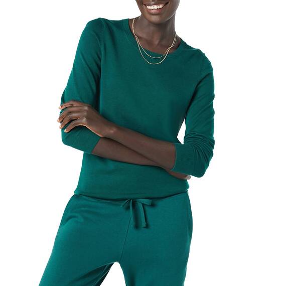 Amazon Essentials Damen Leichter, Langärmeliger Pullover Mit Rundhalsausschnitt (Erhältlich in Übergröße), Dunkelgrün, XXL