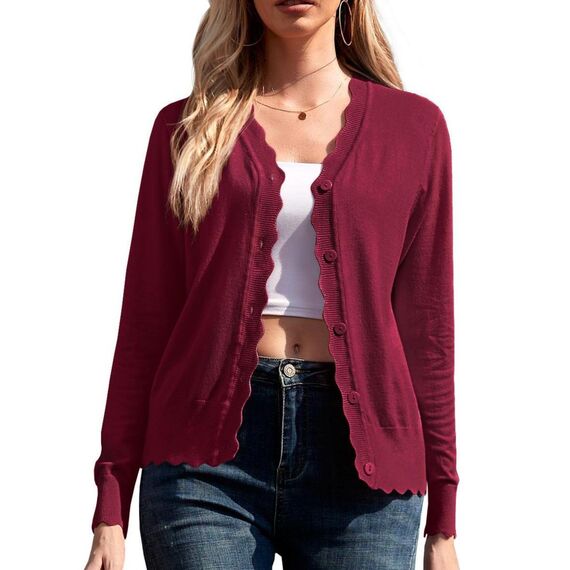 GRECERELLE Strickjacke Damen mit Knöpfen und V Ausschnitt Leichte und sommerliche Cardigan Damen Eleganter mit Spitze (Weinrot, L)