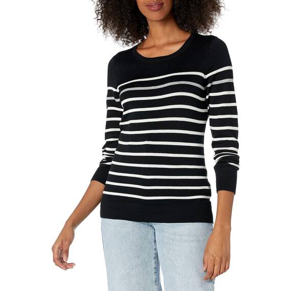 Amazon Essentials Damen Leichter, Langärmeliger Pullover Mit Rundhalsausschnitt (Erhältlich in Übergröße), Schwarz Grau Weiß Streifen, XL