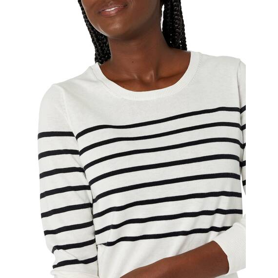 Amazon Essentials Damen Leichter, Langärmeliger Pullover Mit Rundhalsausschnitt (Erhältlich in Übergröße), Schwarz Weiß Platzierter Streifen, XL