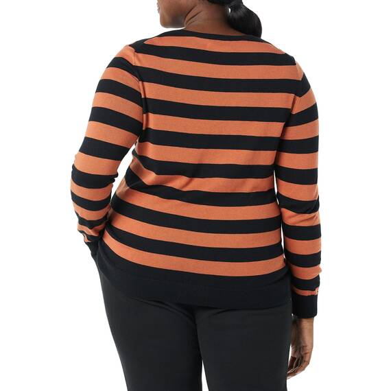 Amazon Essentials Damen Leichter, Langärmeliger Pullover Mit Rundhalsausschnitt (Erhältlich in Übergröße), Schwarz Karamell Rugby-Streifen, XXL