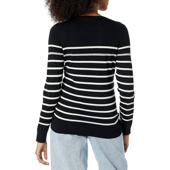 Amazon Essentials Damen Leichter, Langärmeliger Pullover Mit Rundhalsausschnitt (Erhältlich in Übergröße), Schwarz Grau Weiß Streifen, XL