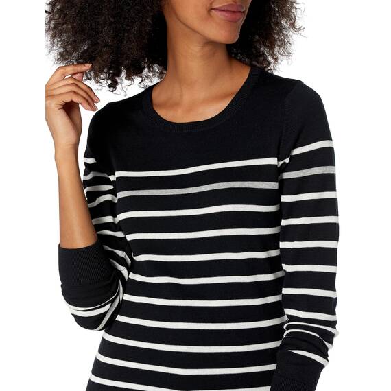 Amazon Essentials Damen Leichter, Langärmeliger Pullover Mit Rundhalsausschnitt (Erhältlich in Übergröße), Schwarz Grau Weiß Streifen, XXL