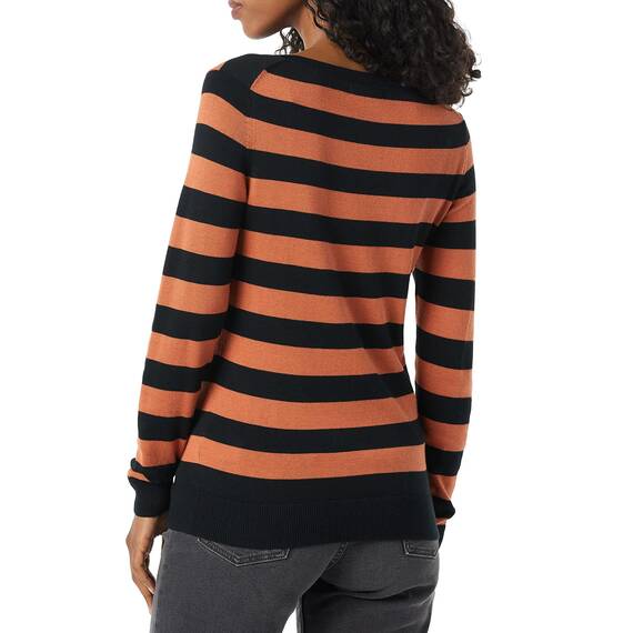 Amazon Essentials Damen Leichter, Langärmeliger Pullover Mit Rundhalsausschnitt (Erhältlich in Übergröße), Schwarz Karamell Rugby-Streifen, XXL