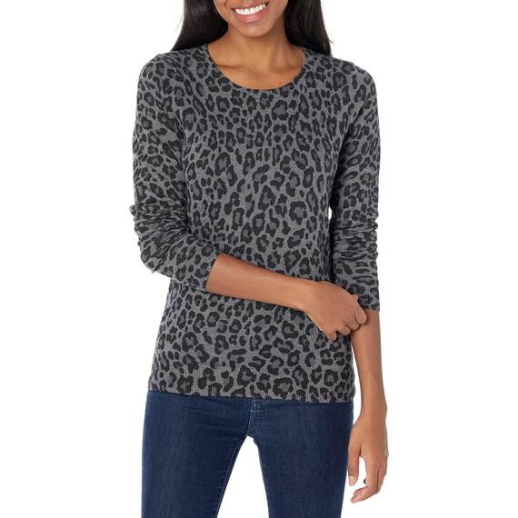 Amazon Essentials Damen Leichter, Langärmeliger Pullover Mit Rundhalsausschnitt (Erhältlich in Übergröße), Grau Gepardenaufdruck, XXL