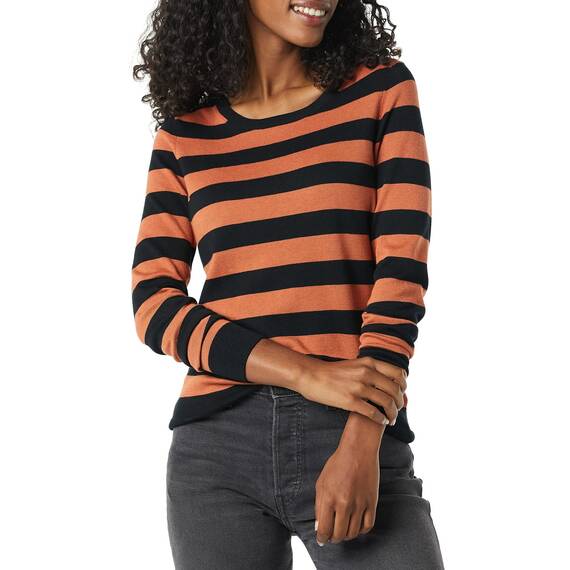 Amazon Essentials Damen Leichter, Langärmeliger Pullover Mit Rundhalsausschnitt (Erhältlich in Übergröße), Schwarz Karamell Rugby-Streifen, XXL