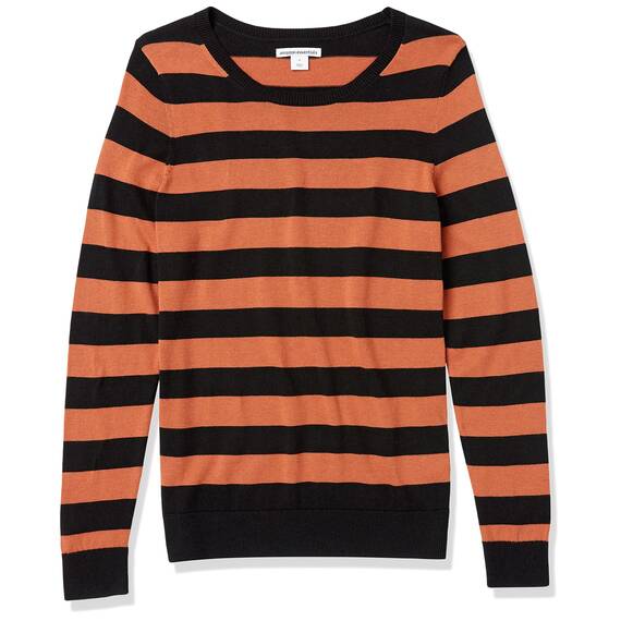 Amazon Essentials Damen Leichter, Langärmeliger Pullover Mit Rundhalsausschnitt (Erhältlich in Übergröße), Schwarz Karamell Rugby-Streifen, XXL