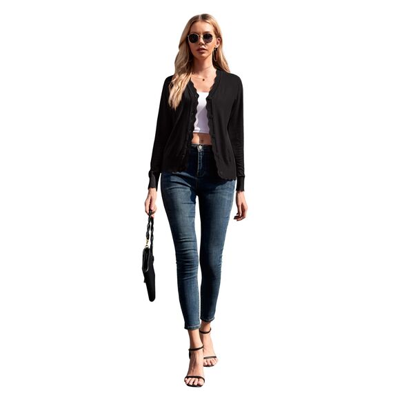 GRECERELLE Strickjacke Damen mit Knöpfen und V Ausschnitt Leichte und sommerliche Cardigan Damen Eleganter mit Spitze (Schwarz, XXL)