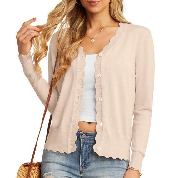 GRECERELLE Strickjacke Damen mit Knöpfen und V Ausschnitt Leichte und sommerliche Cardigan Damen Eleganter mit Spitze (Aprikose, M)
