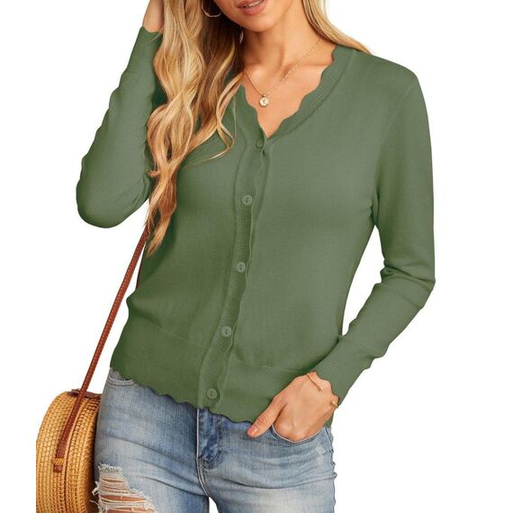 GRECERELLE Strickjacke Damen mit Knöpfen und V Ausschnitt Leichte und sommerliche Cardigan Damen Eleganter mit Spitze (Armeegrün, L)