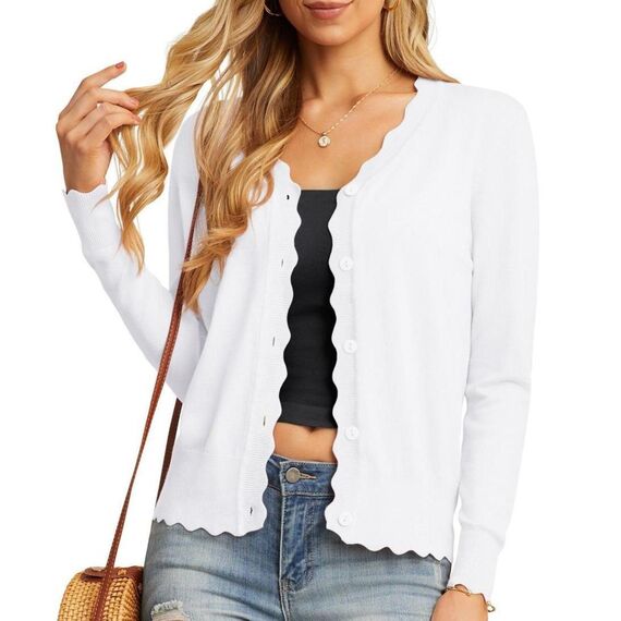 GRECERELLE Strickjacke Damen mit Knöpfen und V Ausschnitt Leichte und sommerliche Cardigan Damen Eleganter mit Spitze (Weiß, 3XL)