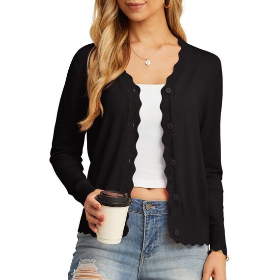 GRECERELLE Strickjacke Damen mit Knöpfen und V Ausschnitt Leichte und sommerliche Cardigan Damen Eleganter mit Spitze (Schwarz, XXL)