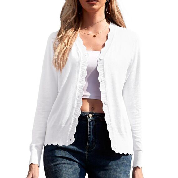 GRECERELLE Strickjacke Damen mit Knöpfen und V Ausschnitt Leichte und sommerliche Cardigan Damen Eleganter mit Spitze (Weiß, L)