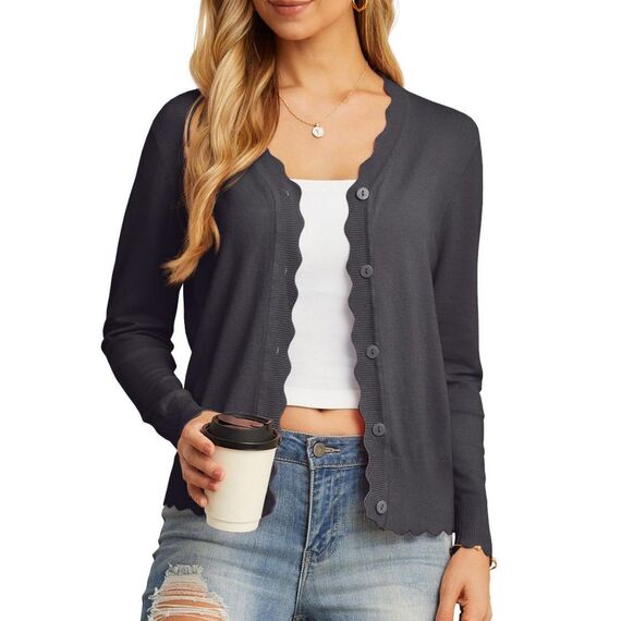 GRECERELLE Strickjacke Damen mit Knöpfen und V Ausschnitt Leichte und sommerliche Cardigan Damen Eleganter mit Spitze (Dunkelgrau, L)
