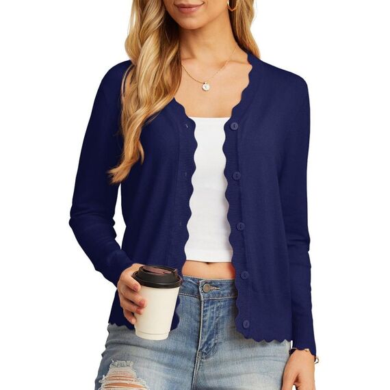 GRECERELLE Strickjacke Damen mit Knöpfen und V Ausschnitt Leichte und sommerliche Cardigan Damen Eleganter mit Spitze (Marineblau, 3XL)