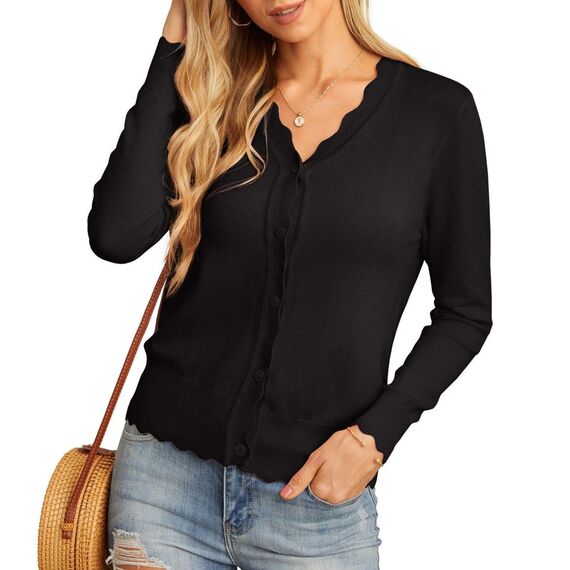 GRECERELLE Strickjacke Damen mit Knöpfen und V Ausschnitt Leichte und sommerliche Cardigan Damen Eleganter mit Spitze (Schwarz, XXL)