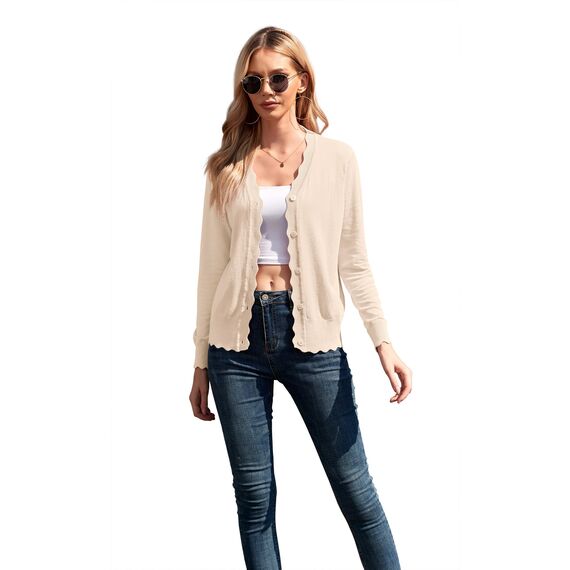 GRECERELLE Strickjacke Damen mit Knöpfen und V Ausschnitt Leichte und sommerliche Cardigan Damen Eleganter mit Spitze (Aprikose, M)