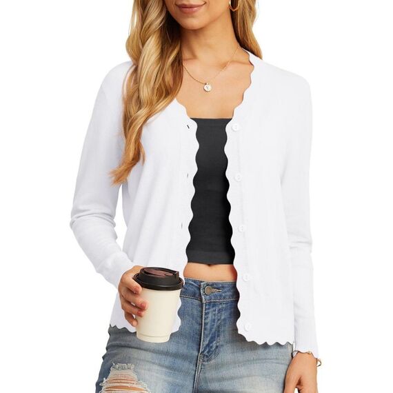 GRECERELLE Strickjacke Damen mit Knöpfen und V Ausschnitt Leichte und sommerliche Cardigan Damen Eleganter mit Spitze (Weiß, XL)