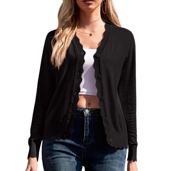 GRECERELLE Strickjacke Damen mit Knöpfen und V Ausschnitt Leichte und sommerliche Cardigan Damen Eleganter mit Spitze (Schwarz, XXL)