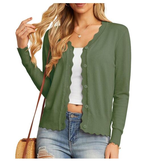 GRECERELLE Strickjacke Damen mit Knöpfen und V Ausschnitt Leichte und sommerliche Cardigan Damen Eleganter mit Spitze (Armeegrün, L)