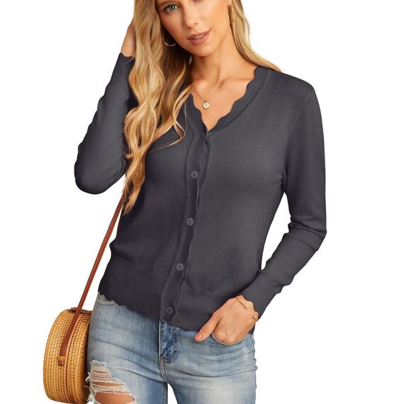 GRECERELLE Strickjacke Damen mit Knöpfen und V Ausschnitt Leichte und sommerliche Cardigan Damen Eleganter mit Spitze (Dunkelgrau, L)