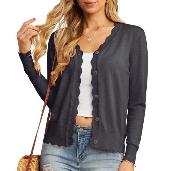 GRECERELLE Strickjacke Damen mit Knöpfen und V Ausschnitt Leichte und sommerliche Cardigan Damen Eleganter mit Spitze (Dunkelgrau, L)