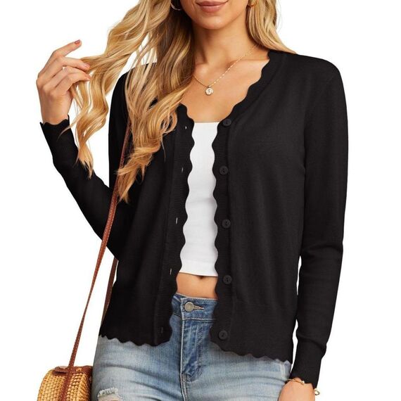GRECERELLE Strickjacke Damen mit Knöpfen und V Ausschnitt Leichte und sommerliche Cardigan Damen Eleganter mit Spitze (Schwarz, XXL)
