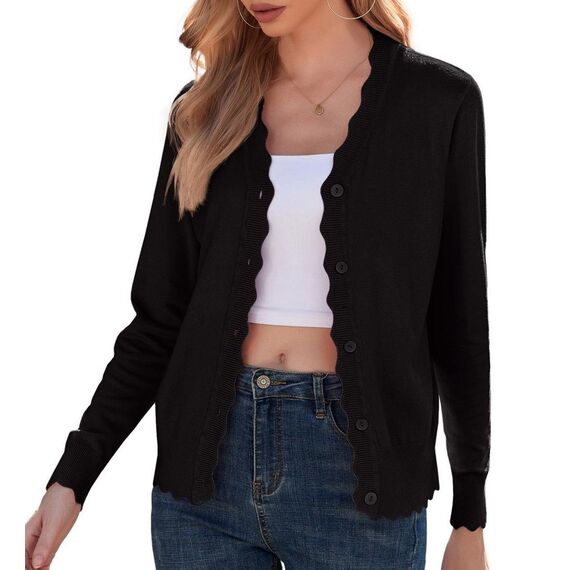 GRECERELLE Strickjacke Damen mit Knöpfen und V Ausschnitt Leichte und sommerliche Cardigan Damen Eleganter mit Spitze (Schwarz, XXL)
