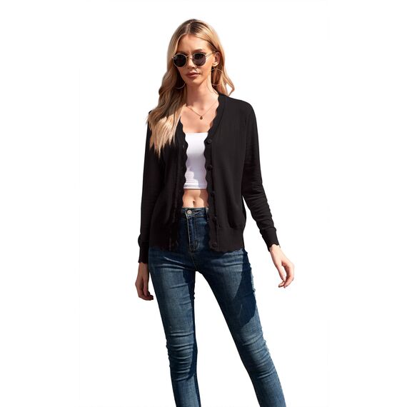 GRECERELLE Strickjacke Damen mit Knöpfen und V Ausschnitt Leichte und sommerliche Cardigan Damen Eleganter mit Spitze (Schwarz, M)