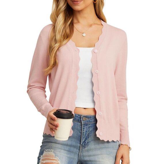 GRECERELLE Strickjacke Damen mit Knöpfen und V Ausschnitt Leichte und sommerliche Cardigan Damen Eleganter mit Spitze (Hell Pink, XL)