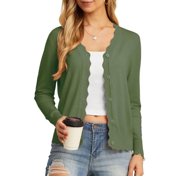 GRECERELLE Strickjacke Damen mit Knöpfen und V Ausschnitt Leichte und sommerliche Cardigan Damen Eleganter mit Spitze (Armeegrün, L)