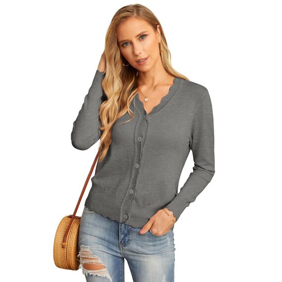 GRECERELLE Strickjacke Damen mit Knöpfen und V Ausschnitt Leichte und sommerliche Cardigan Damen Eleganter mit Spitze (Holzkohle, L)
