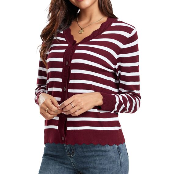GRECERELLE Strickjacke Damen mit Knöpfen und V Ausschnitt Leichte und sommerliche Cardigan Damen Eleganter mit Spitze (Weinrot Weiß Gestreift, L)