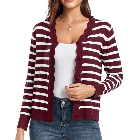 GRECERELLE Strickjacke Damen mit Knöpfen und V Ausschnitt Leichte und sommerliche Cardigan Damen Eleganter mit Spitze (Weinrot Weiß Gestreift, L)