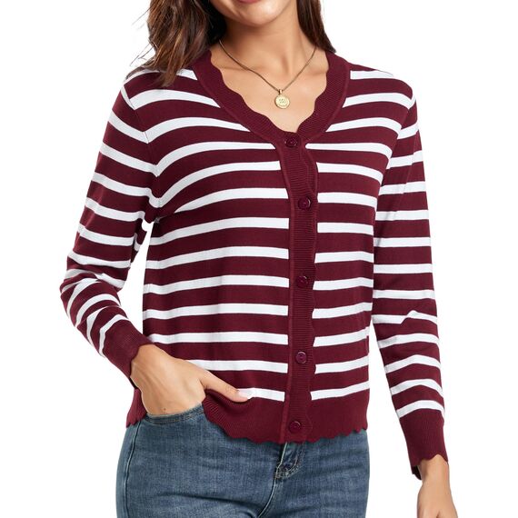 GRECERELLE Strickjacke Damen mit Knöpfen und V Ausschnitt Leichte und sommerliche Cardigan Damen Eleganter mit Spitze (Weinrot Weiß Gestreift, L)