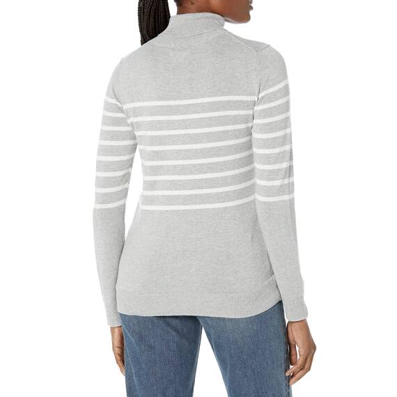 Amazon Essentials Damen Leichter, Langärmeliger Rollkragenpullover, Klassischer Schnitt (Erhältlich In Übergröße), Hellgrau Meliert Weiß Platzierter Streifen, L