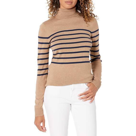 Amazon Essentials Damen Leichter, Langärmeliger Rollkragenpullover, Klassischer Schnitt (Erhältlich In Übergröße), Kamelbraun Marineblau Platzierter Streifen, L