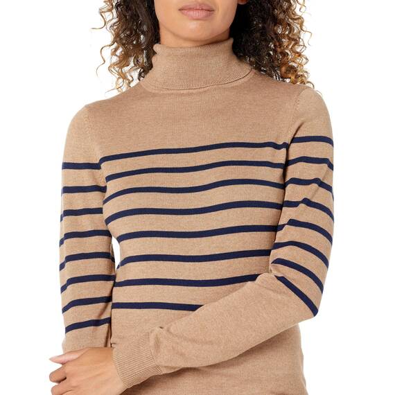 Amazon Essentials Damen Leichter, Langärmeliger Rollkragenpullover, Klassischer Schnitt (Erhältlich In Übergröße), Kamelbraun Marineblau Platzierter Streifen, L