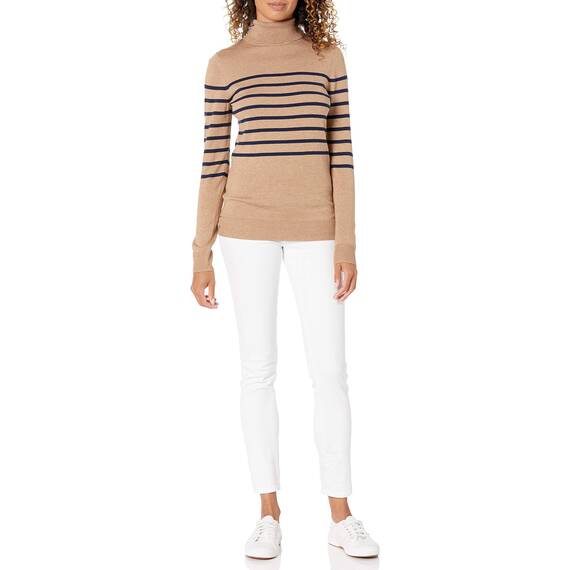 Amazon Essentials Damen Leichter, Langärmeliger Rollkragenpullover, Klassischer Schnitt (Erhältlich In Übergröße), Kamelbraun Marineblau Platzierter Streifen, XL