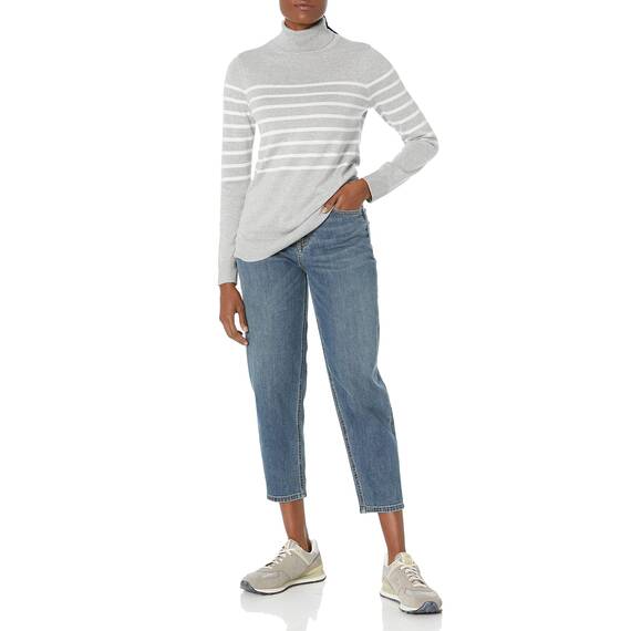 Amazon Essentials Damen Leichter, Langärmeliger Rollkragenpullover, Klassischer Schnitt (Erhältlich In Übergröße), Hellgrau Meliert Weiß Platzierter Streifen, XL